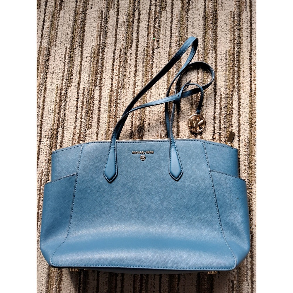 Michael Kors Charlotte Large Zip Tote Blue Saffiano Leather Gold Tone Hardware